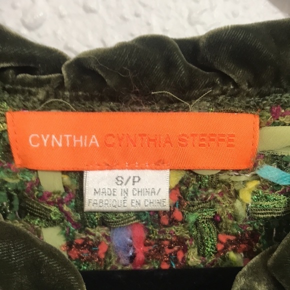 Cynthia Steffe Olive Ruffle Velvet Trim Multicolor Ribbon Basket Weave Jacket - Picture 2 of 11